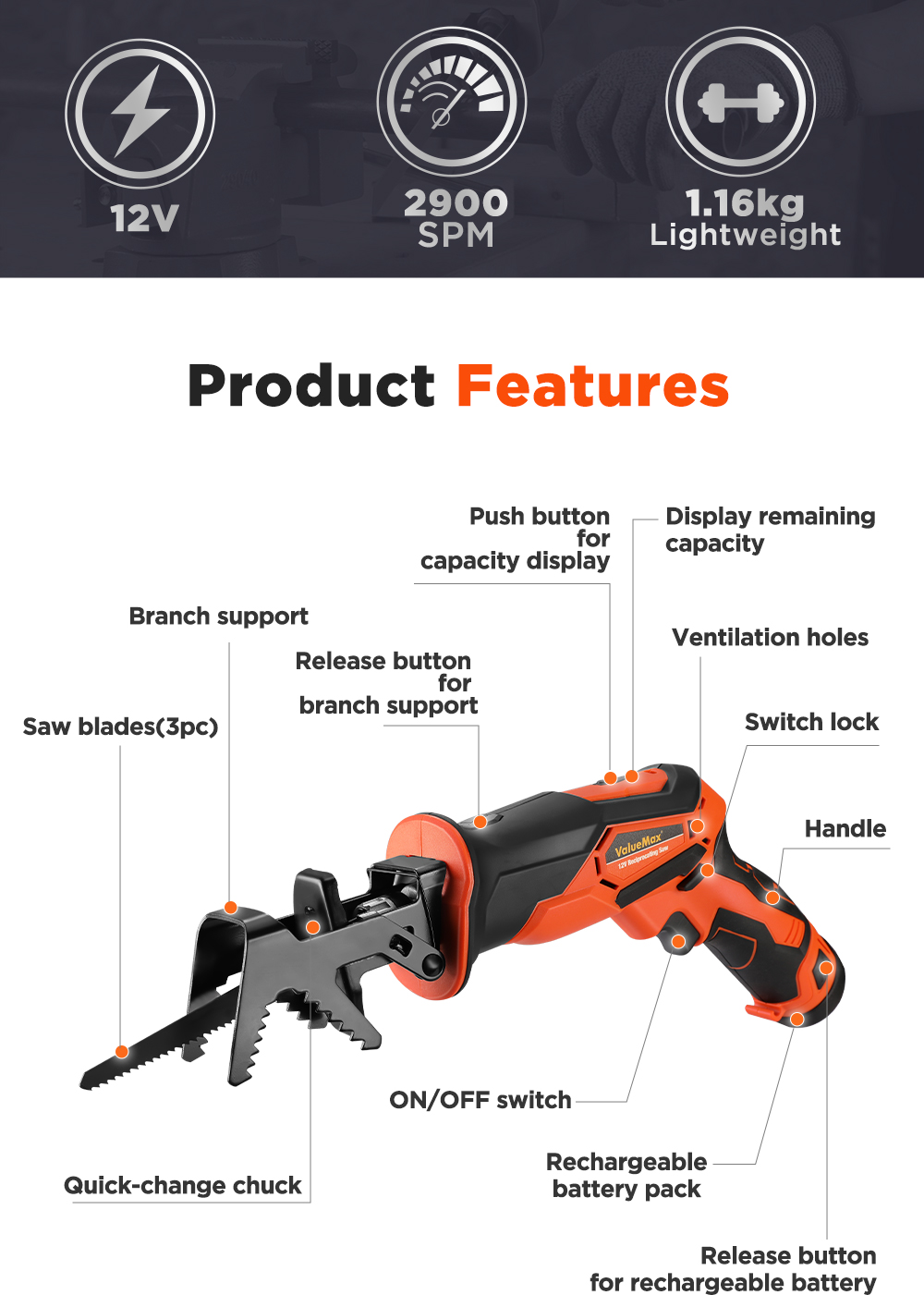 Valuemax 12v 588vf Li Ion Cordless Electric Reciprocating Saw Branch