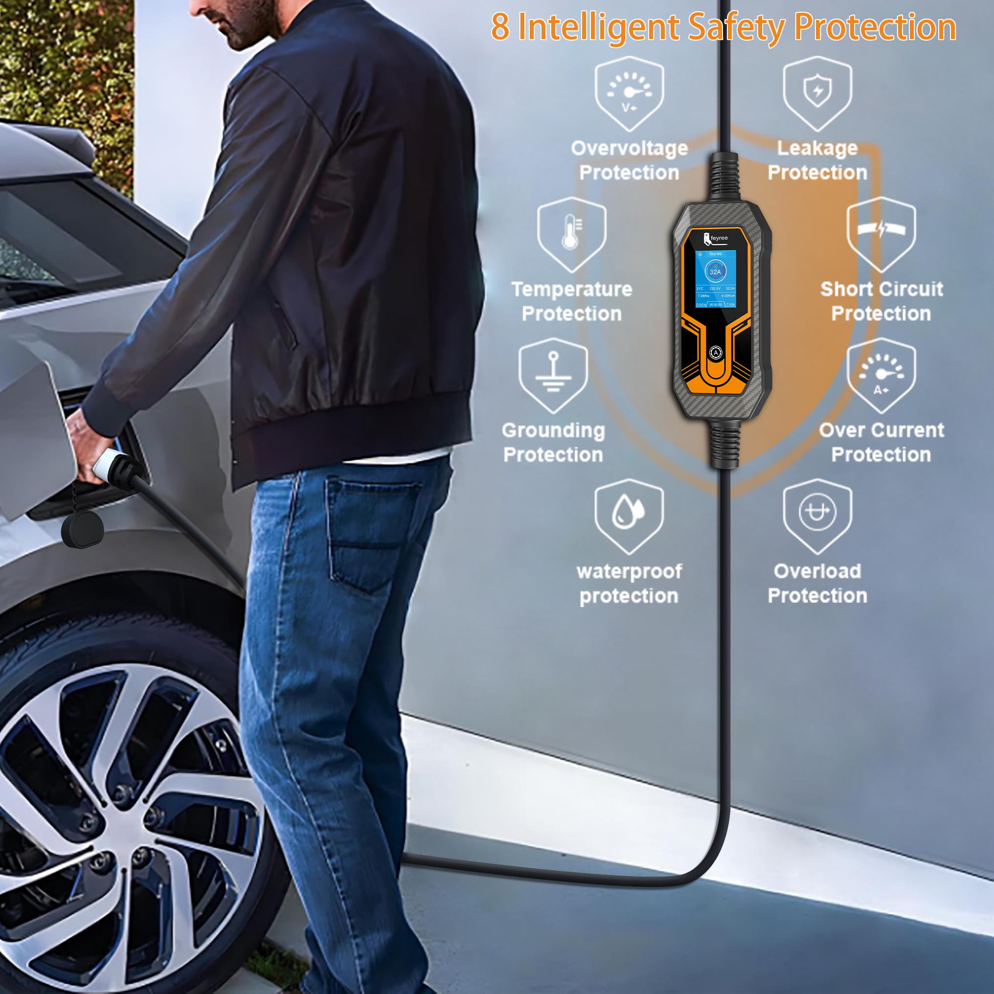 NEW feyree 7kW 32A EV Portable Charger Type2 EVSE Charging Box Electric ...