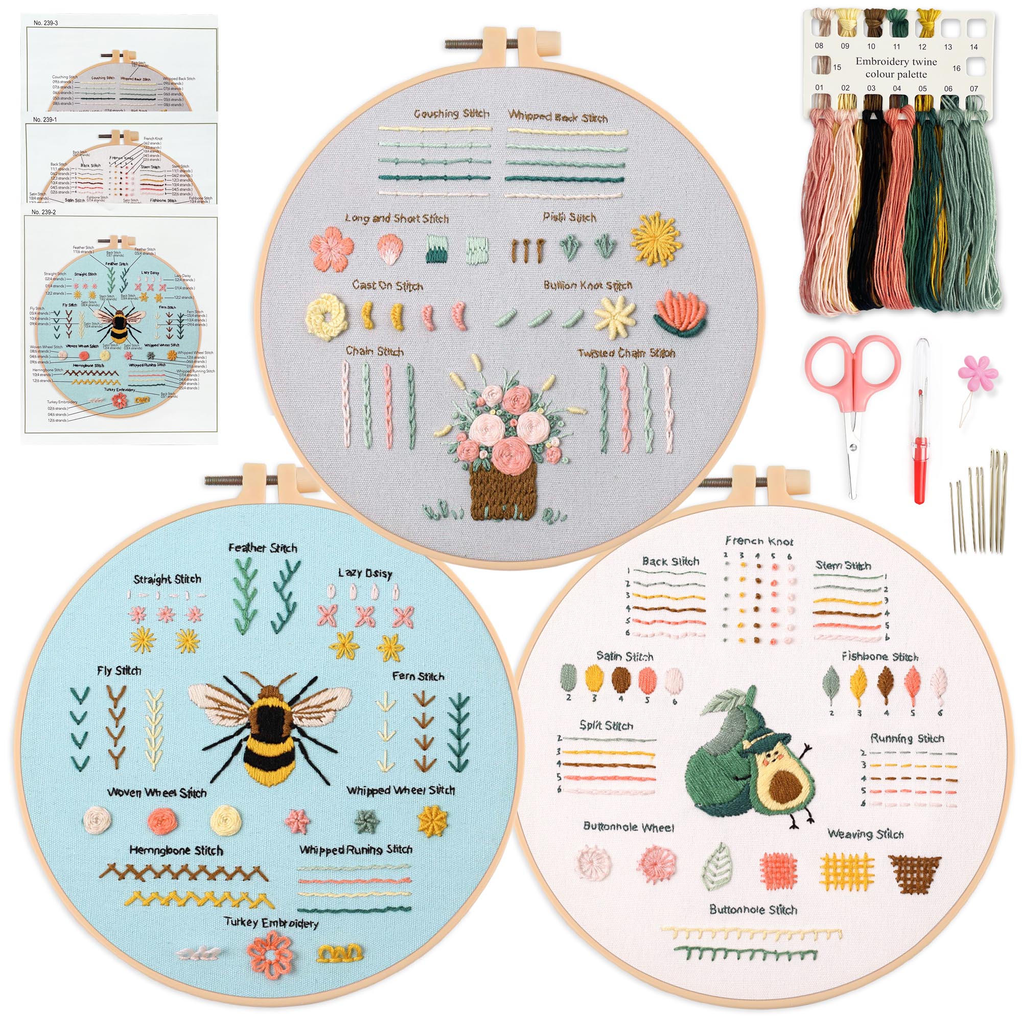 3 Embroidery Starter Kits for Beginners & Adults - Learn 28 Stitches ...