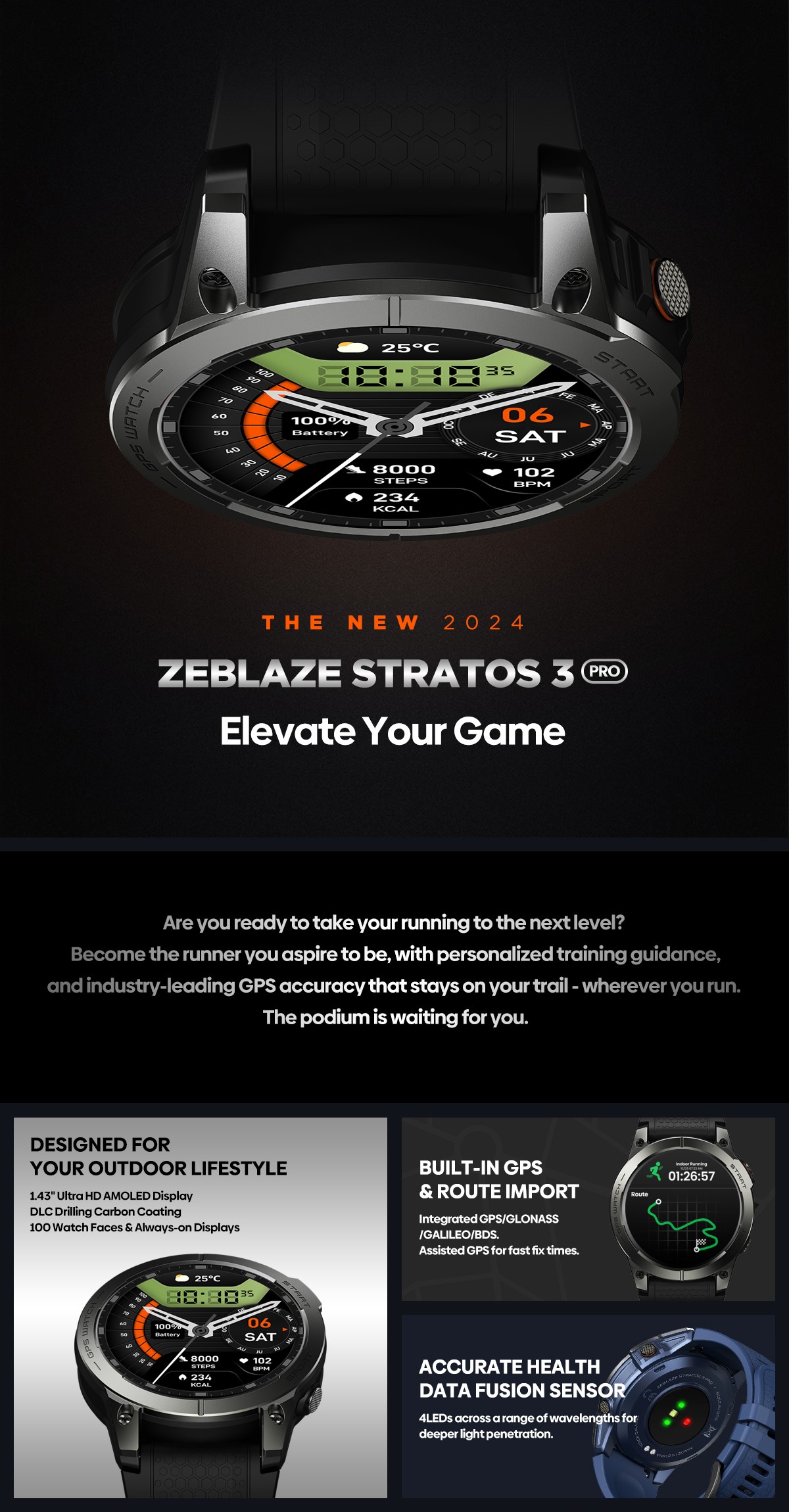 New Zeblaze Stratos 3 Pro Gps Smart Watch Built-in Gps & Route Import 