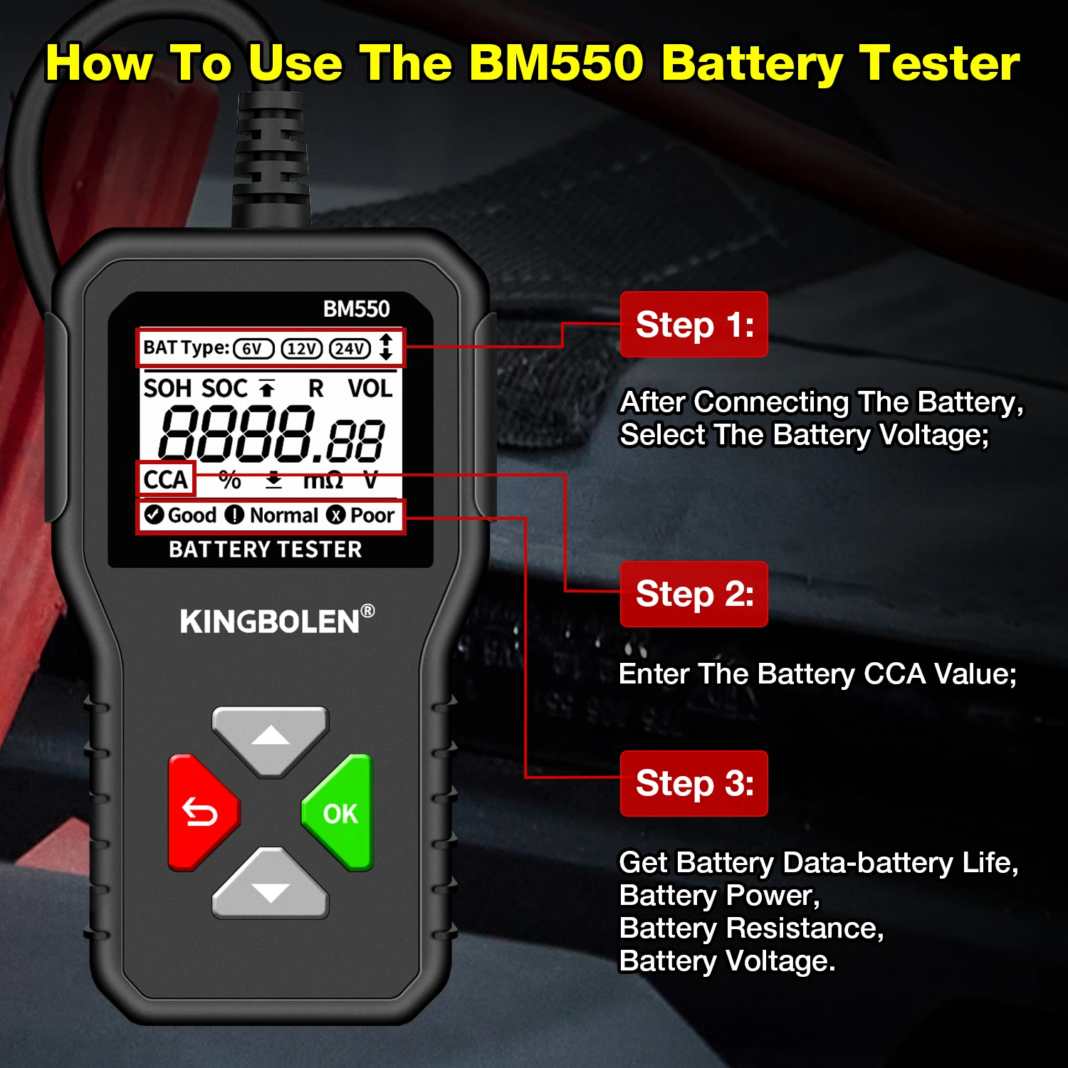 KINGBOLEN BM550 Car Battery Tester 6V 12V 24V 100-2000 CCA Battery ...