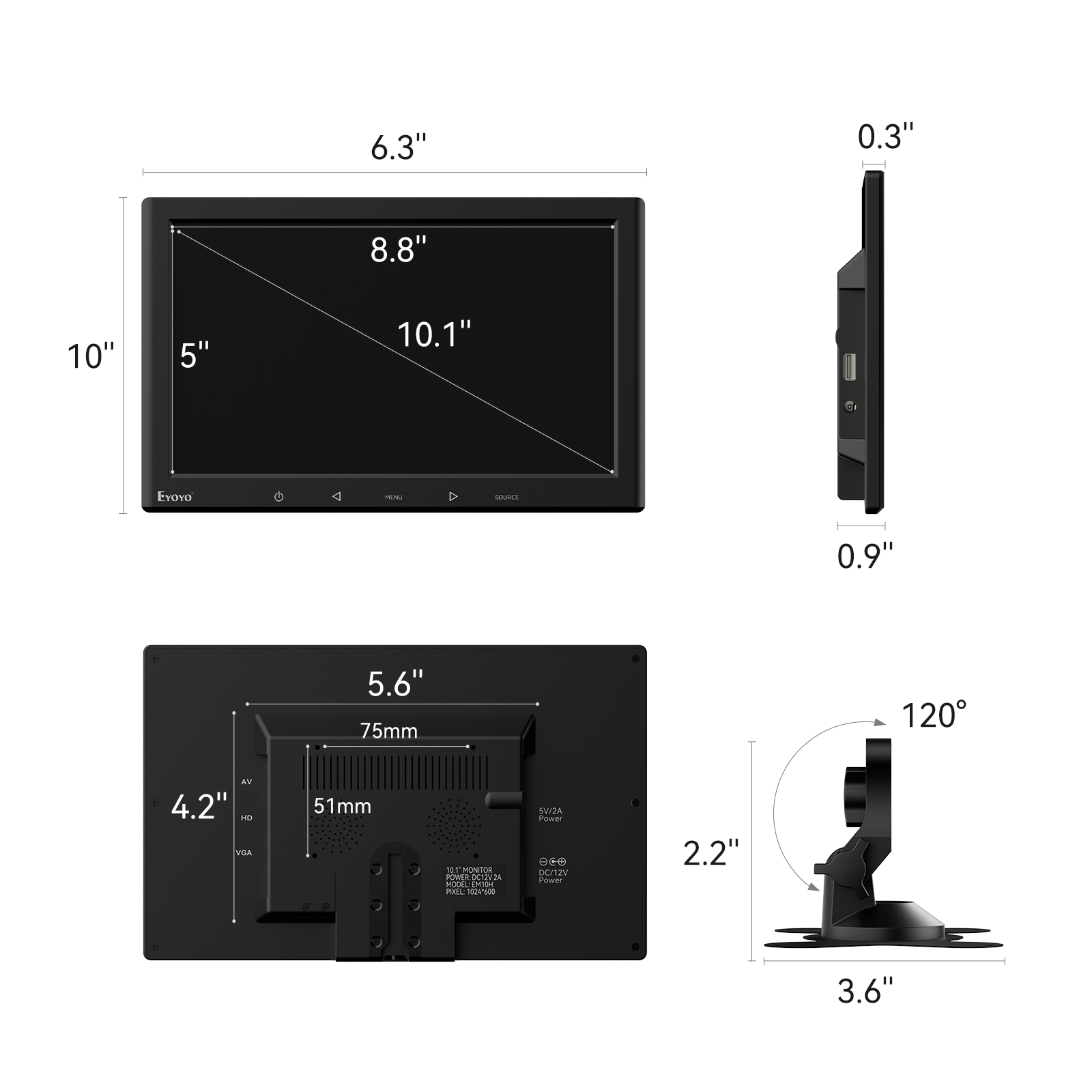 Eyoyo 10 inch Portable Display Screen IPS HDMI Monitor 1024x600 Small ...