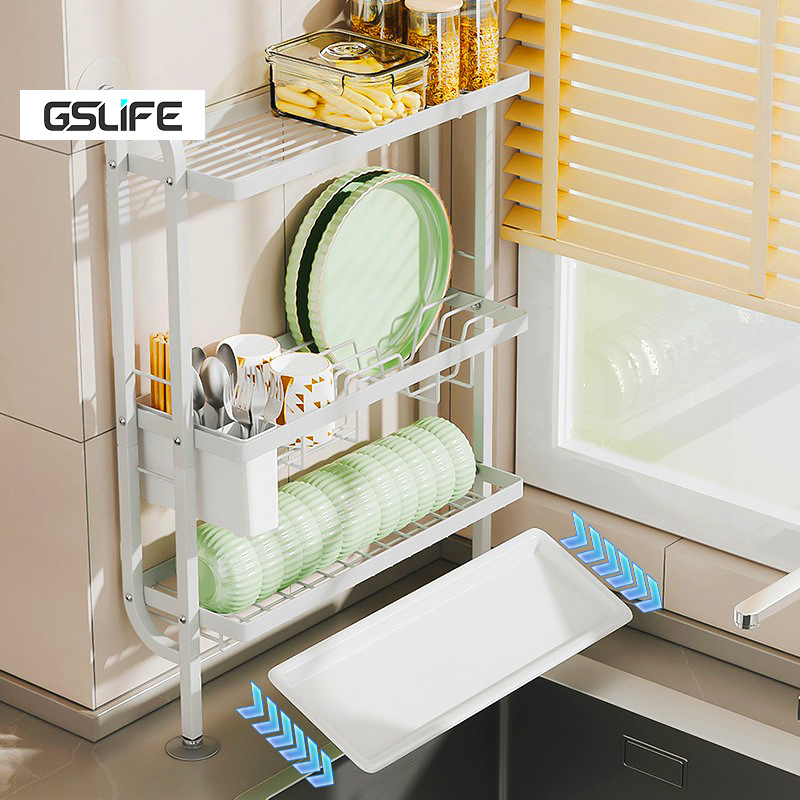 GSlife 3 Tier Against the Wall Mounted Rack Kitchen Dish Rack with Tray ...