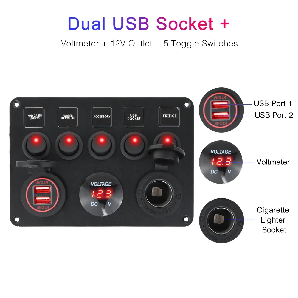 12V Aluminum 4-In-1 Marine Grade Boat Switch Panel 4 Gang Multifunction With USB Power Socket &amp; Voltmeter Auto Switches