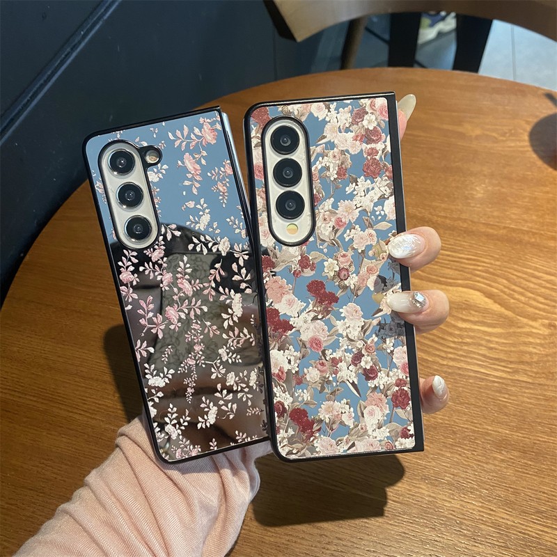 Z Fold6 Casing Red Pink Florals Hard Mirror Flip Case For Samsung