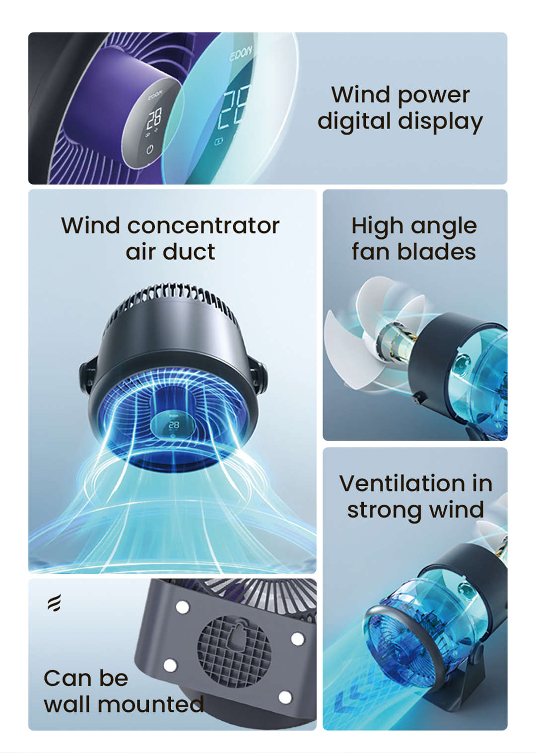 EDON E801 Wall Mounted Air Circulation Fan Strong Wind Power Digital ...