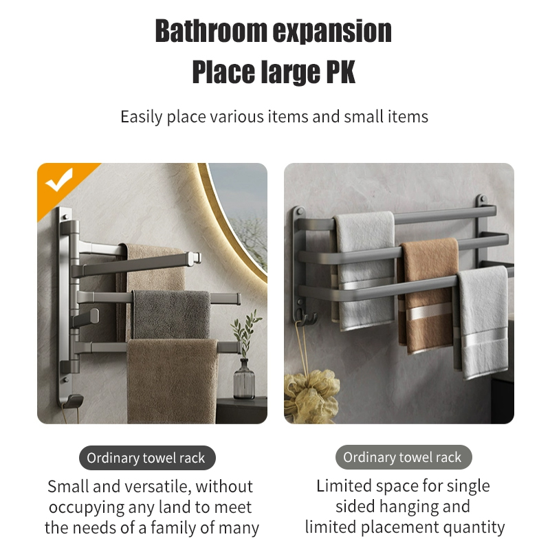Bathroom Rotating Towels Rod with Hook Wall Mounted Rust-proof Aluminum ...