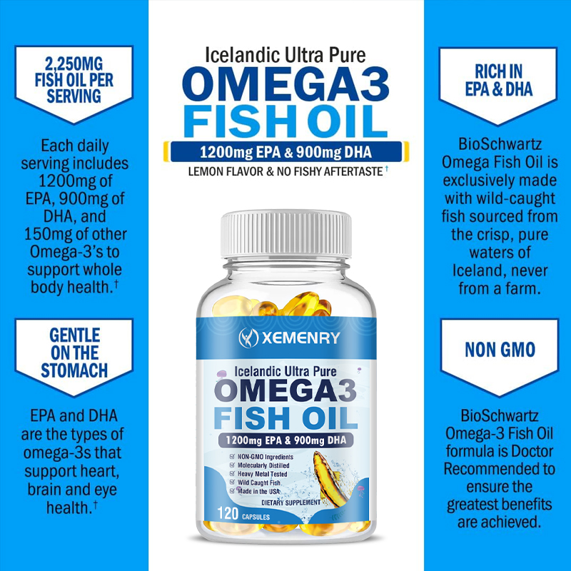 Omega 3 fish oil capsules, 1200 mg EPA and 900 mg DHA fatty acids per ...
