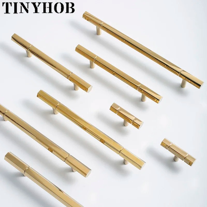 Shiny Gold/ Hexagon Solid Brass Drawer Knobs T Bar Handle Dresser Pulls ...