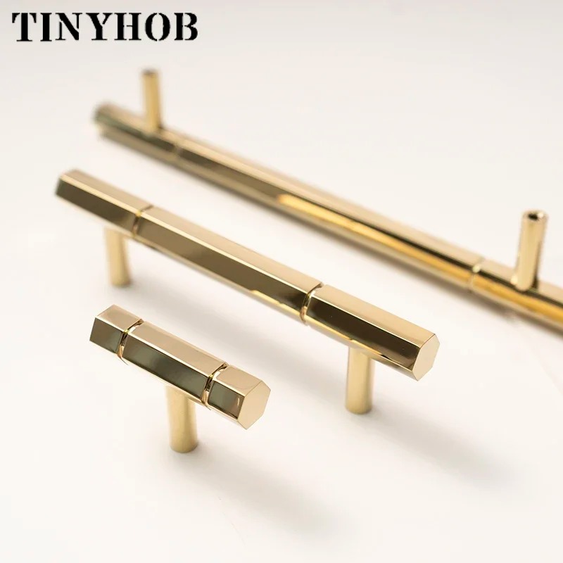 Shiny Gold/ Hexagon Solid Brass Drawer Knobs T Bar Handle Dresser Pulls ...