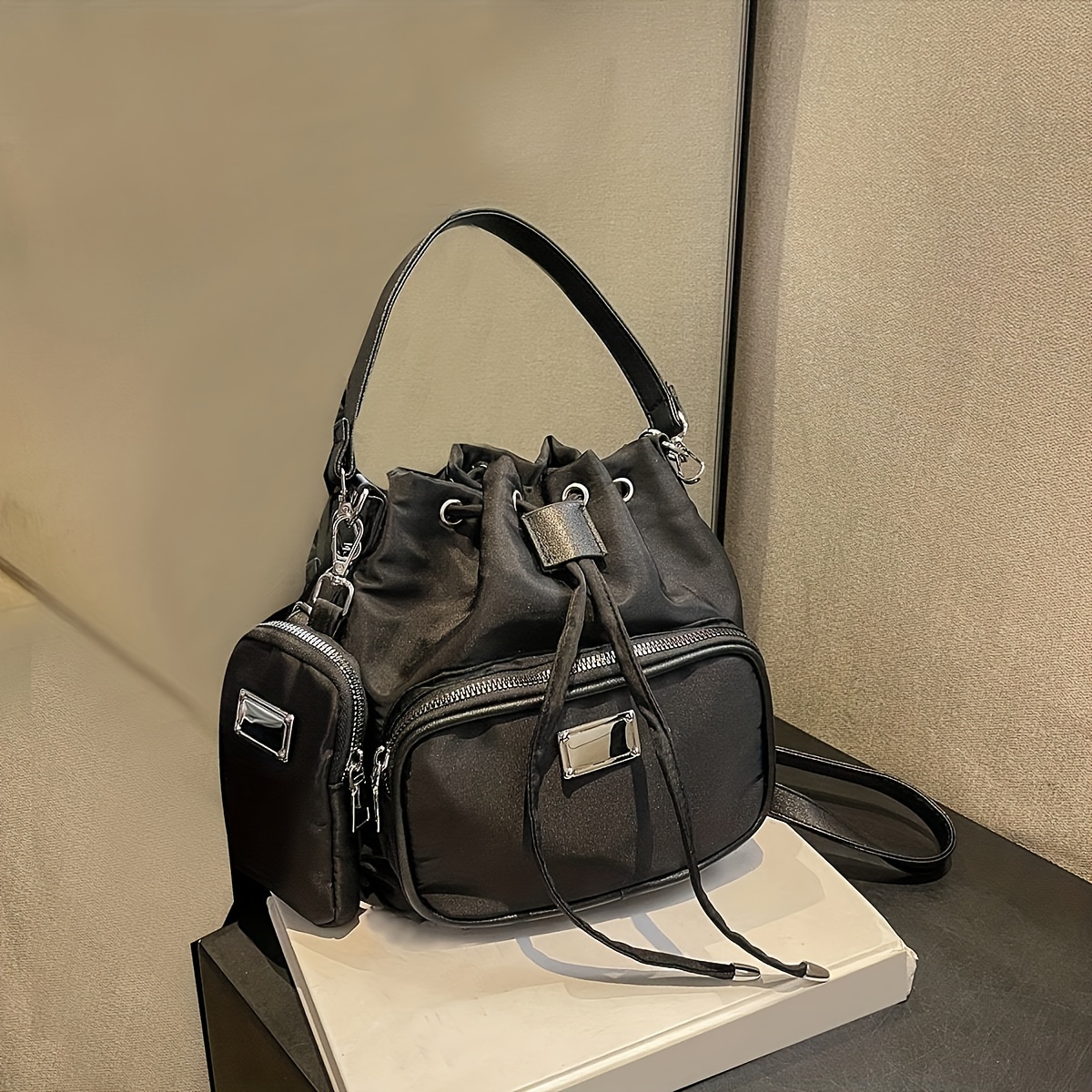 Simple Lightweight Shoulder Bag, Solid Color Messenger Bag, Drawstring