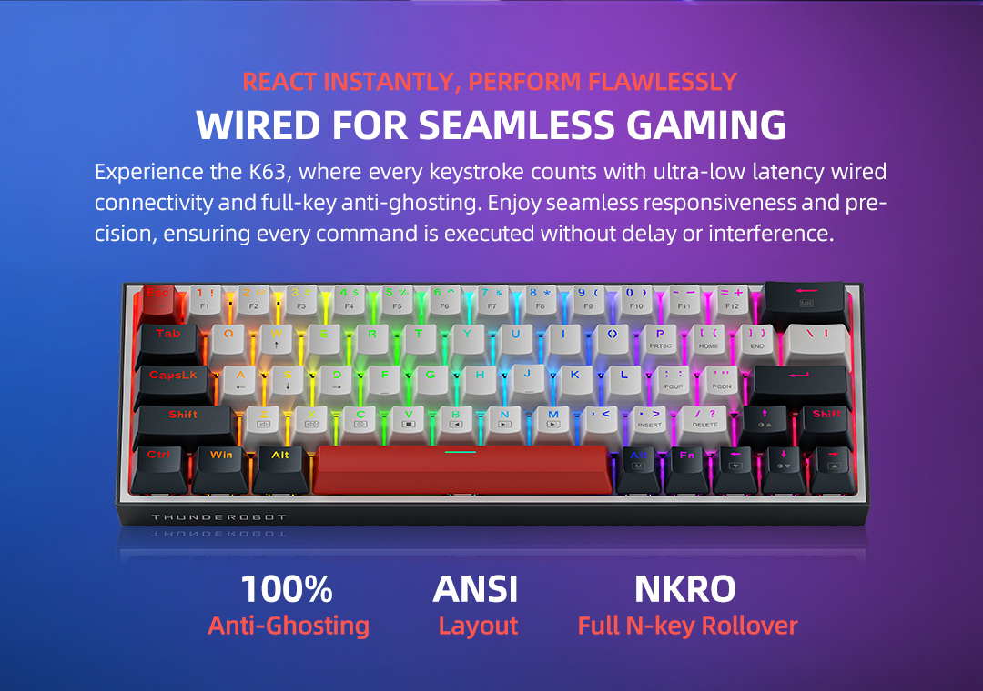 Thunderobot K63 Wired Mechanical Keyboard, Gaming Keyboard, 63 Keys PBT ...