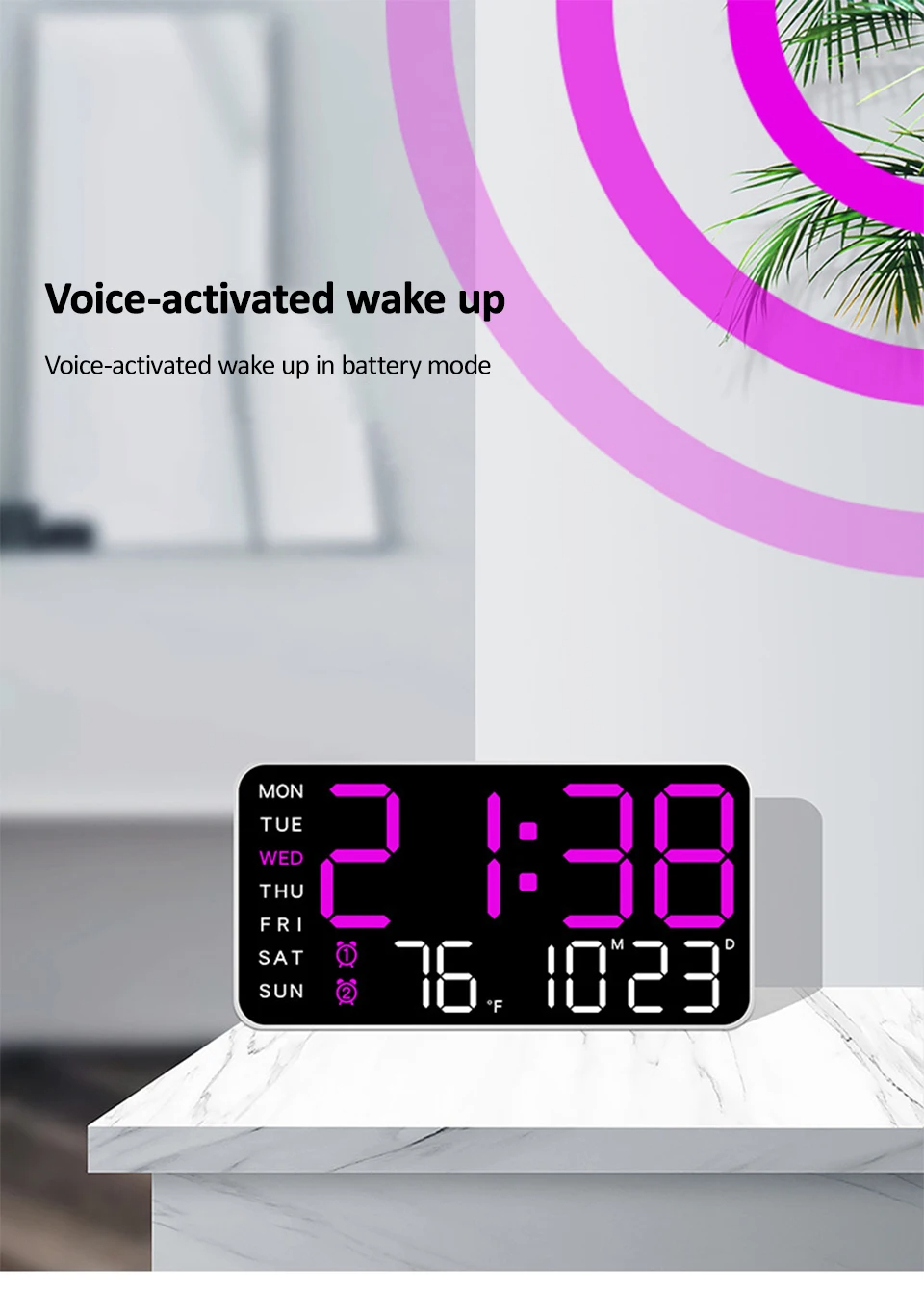 LED Digital Wall Clocks Voice Control Table Clock 12/24H Temp Date Week ...