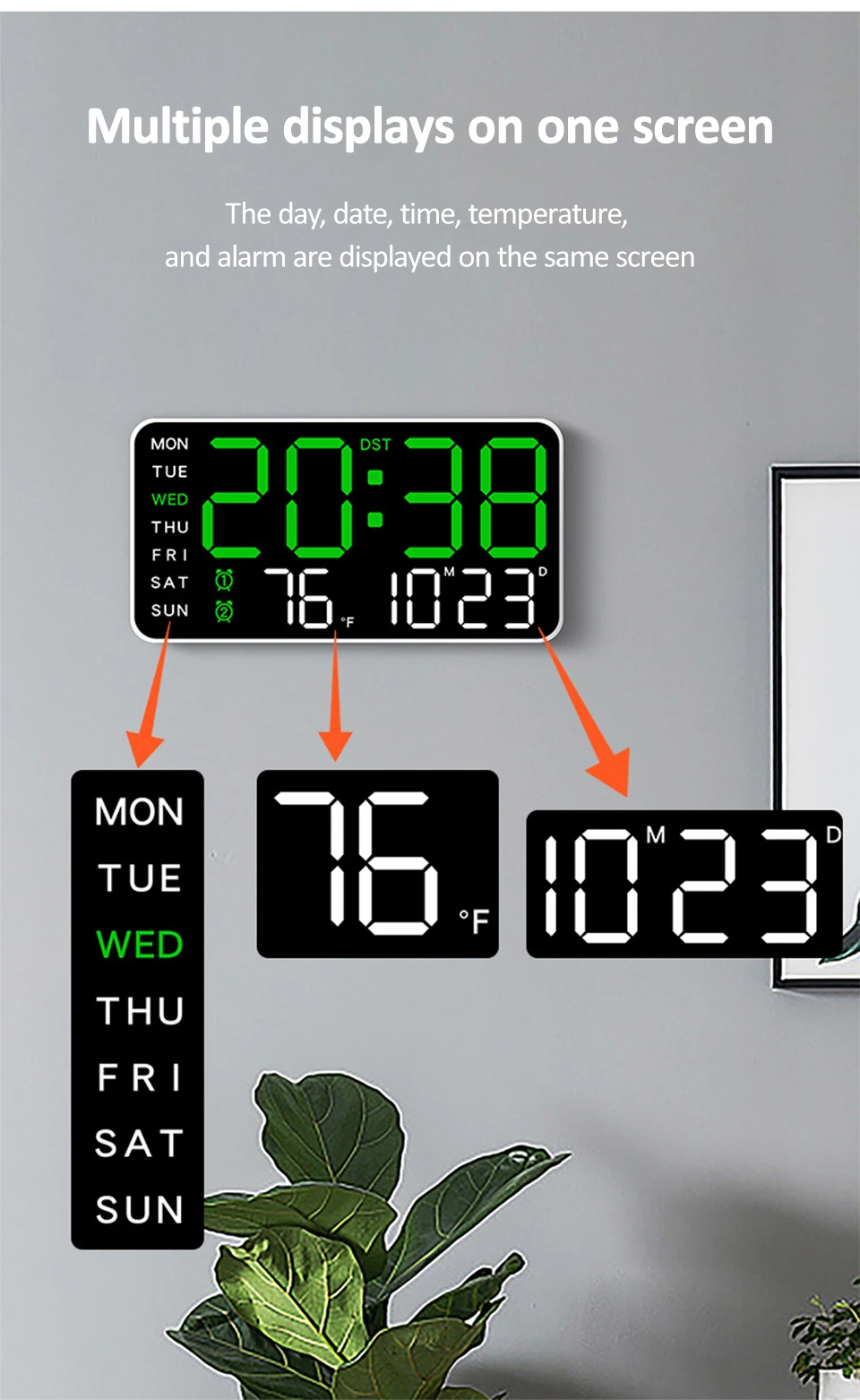 LED Digital Wall Clocks Voice Control Table Clock 12/24H Temp Date Week ...