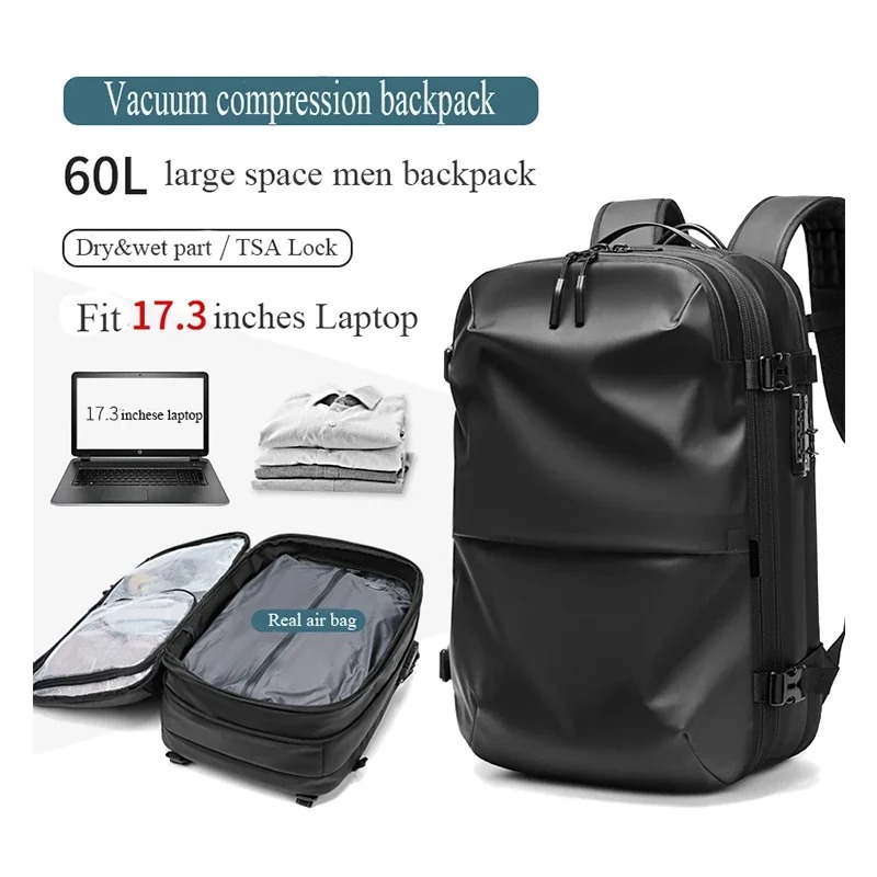 Spacevac Pro 60L Vacuum Compression Travel Backpack - Expandable Carry-On With Pump, TSA Lock, Water Resistant