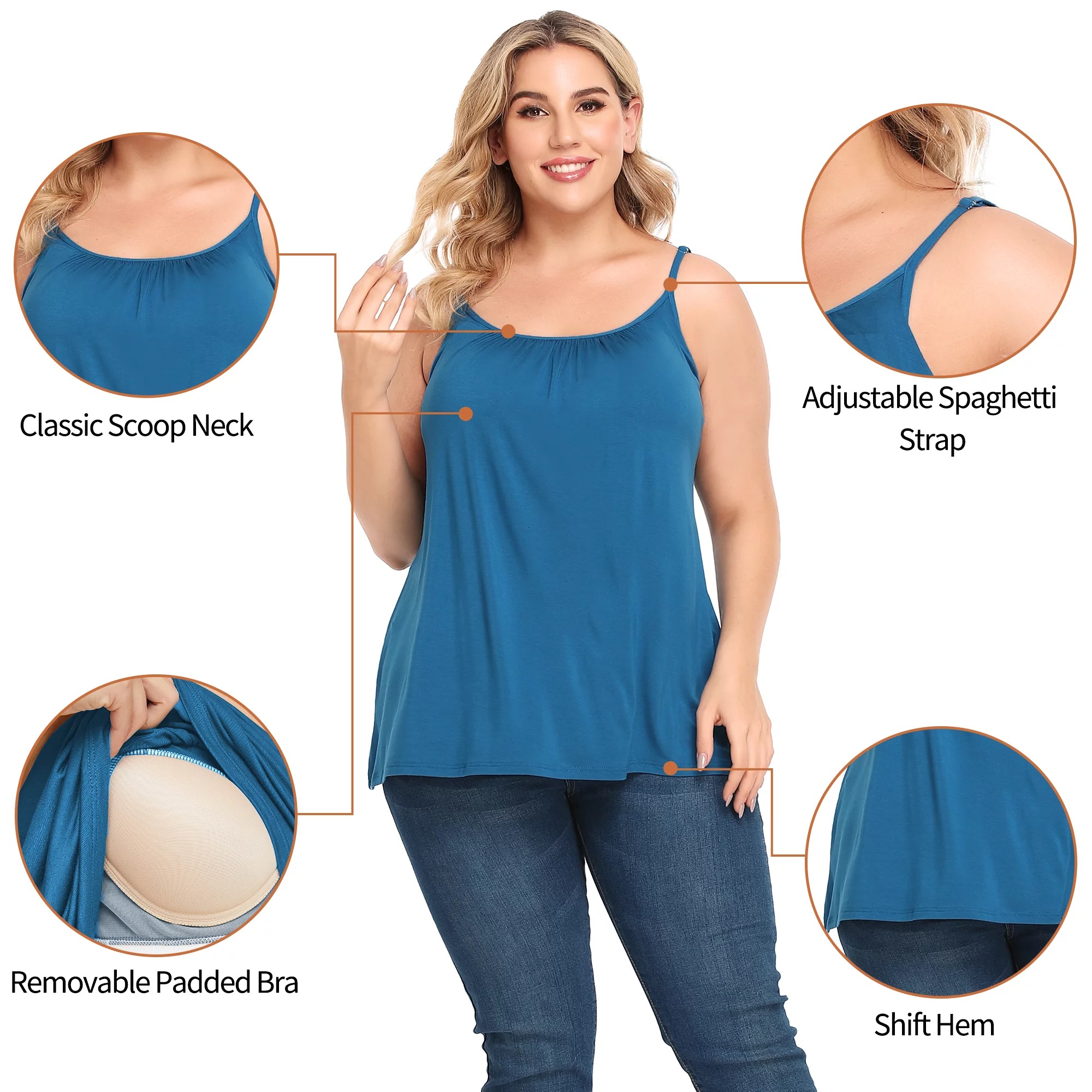 RITERA Women's Tank Top With Built-In Bra - Cotton Relaxed Cami, Adjustable Straps, Pleated Detail, Size 4X-Large