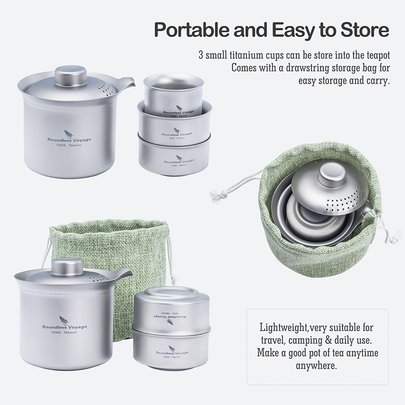 Boundless Voyage Théière Camping Titane 125ml + Tasse Double Paroi – Léger, Portable, Filtre à Thé Intégré, Sac De Rangement Inclus