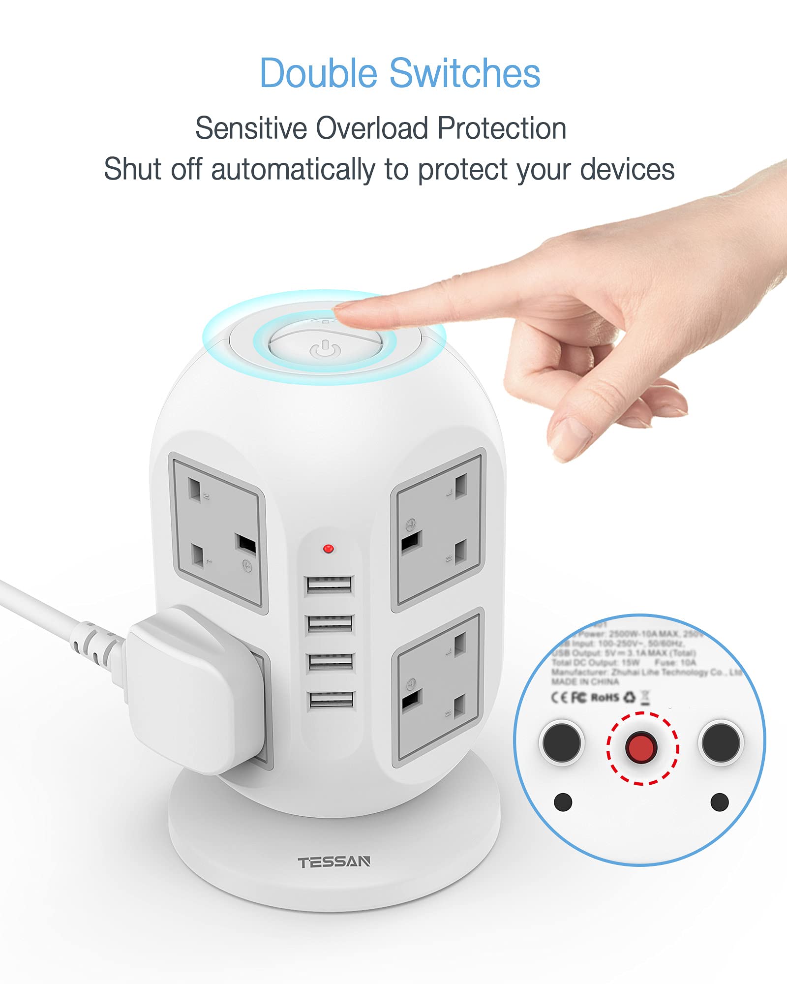 TESSAN Power Extension Tower Socket Extension Plug Power Socket Surge ...