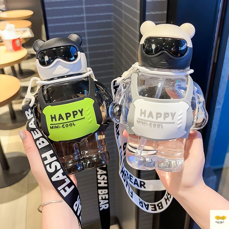 ⚡800ml Kawaii Cool Bear Water Bottle Straw Water Cup Portable With Rope ...
