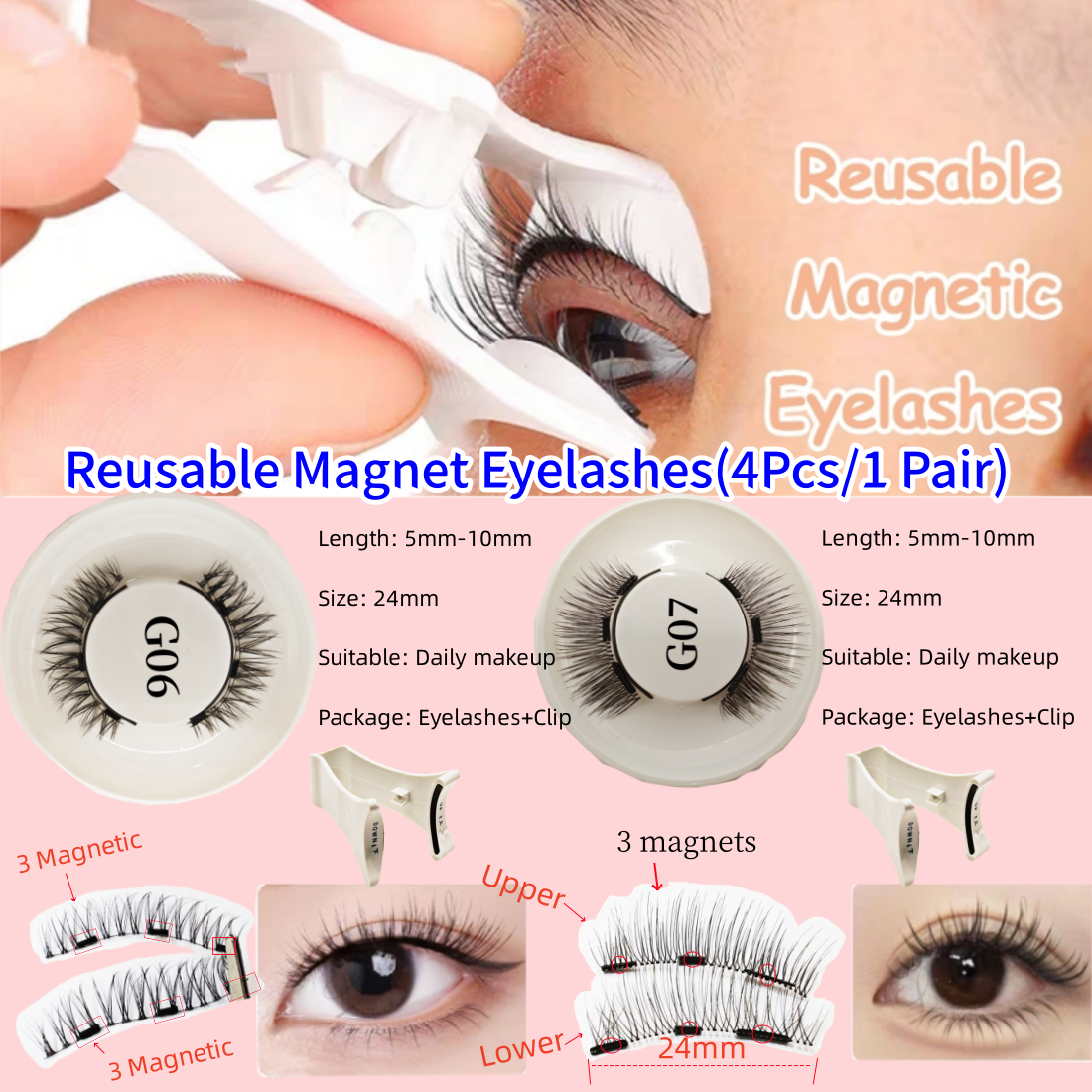 4pieces(1 pair)3D Magnetic False Eyelashes With Clip Reusable Natural ...