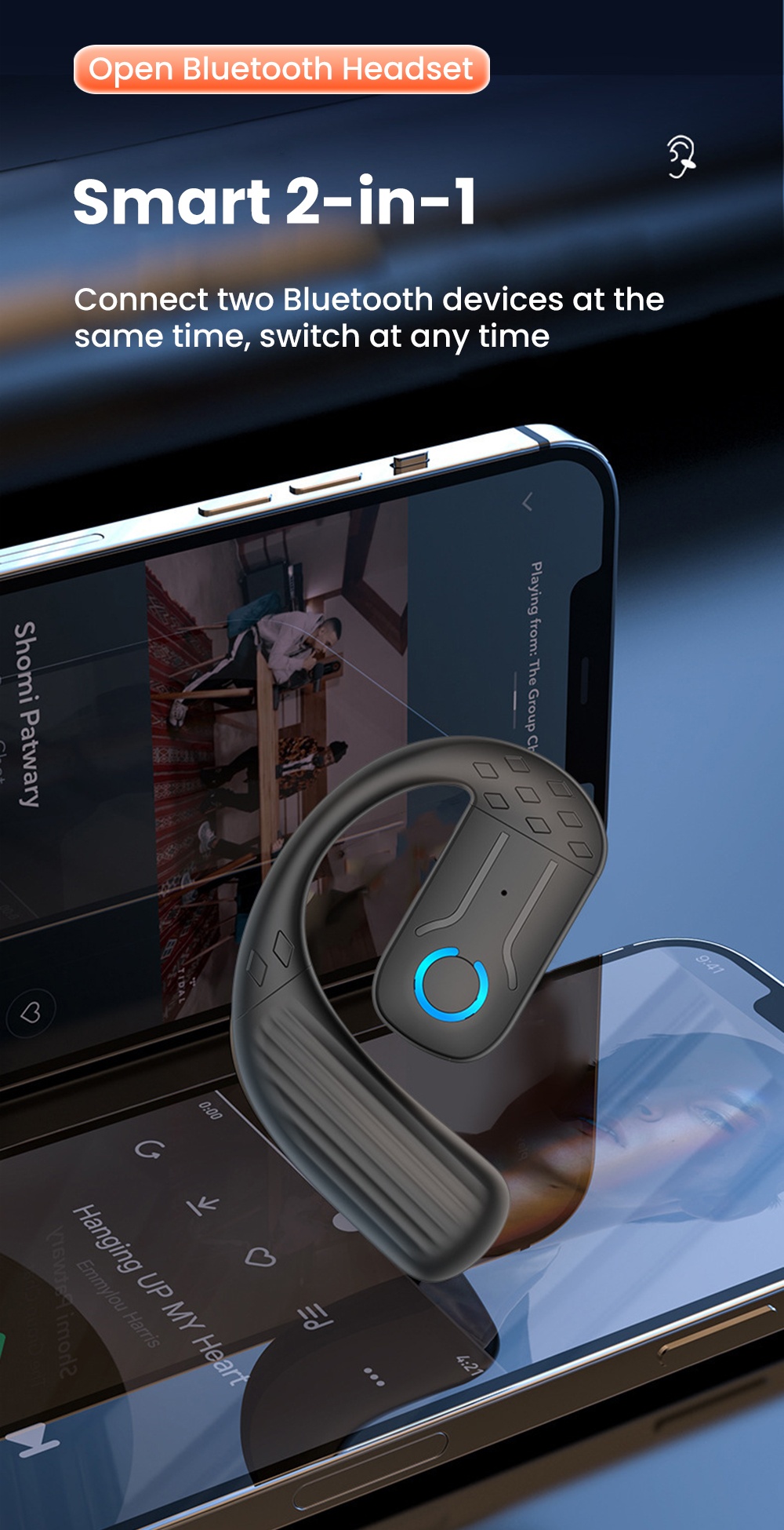 Rotating Single Ear Button OWS Sports Wireless Large Battery Ultra Long ...