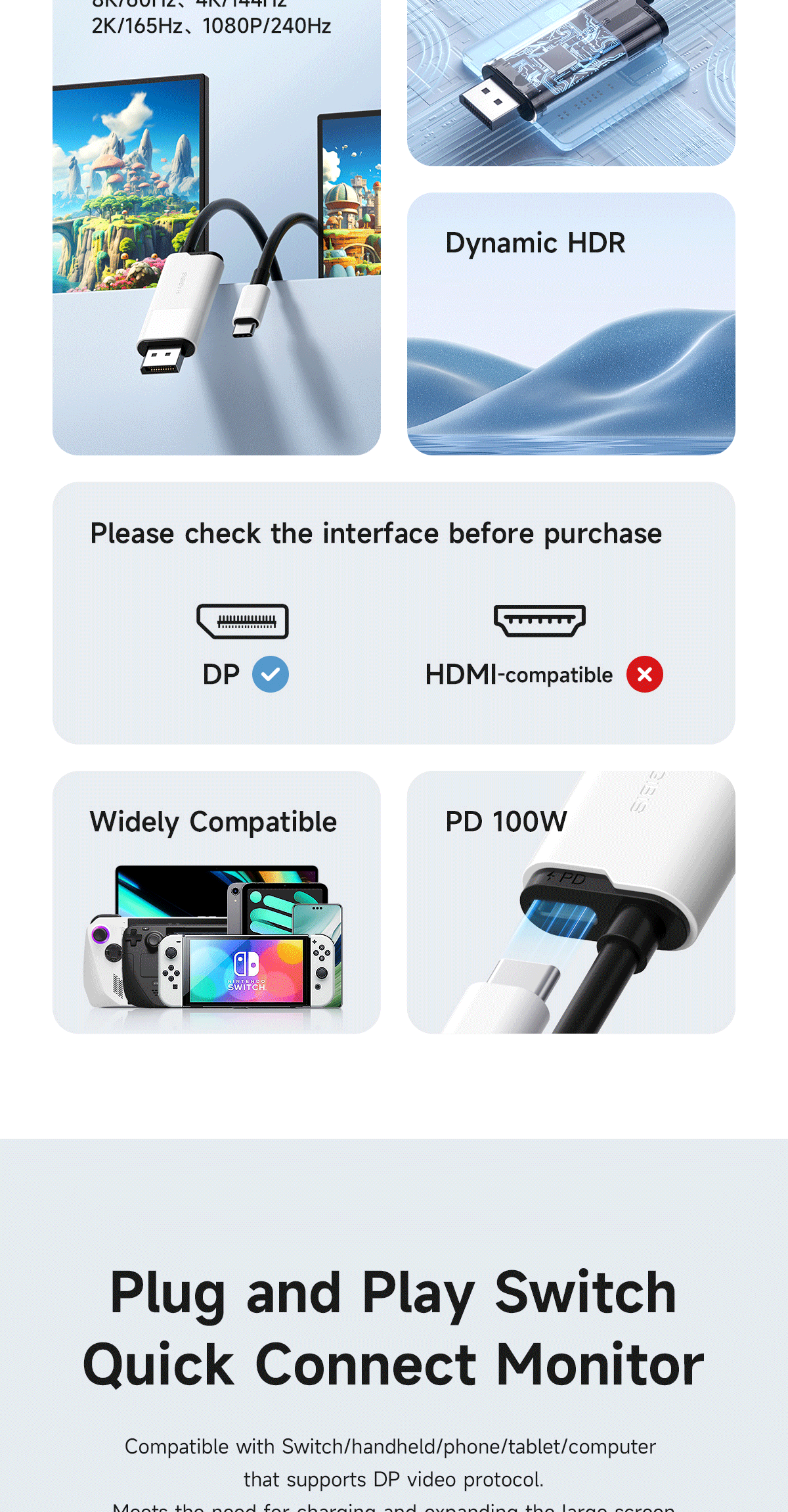 Hagibis USB C to DisplayPort Cable 8K60Hz 4K144Hz 2K165Hz TypeC To