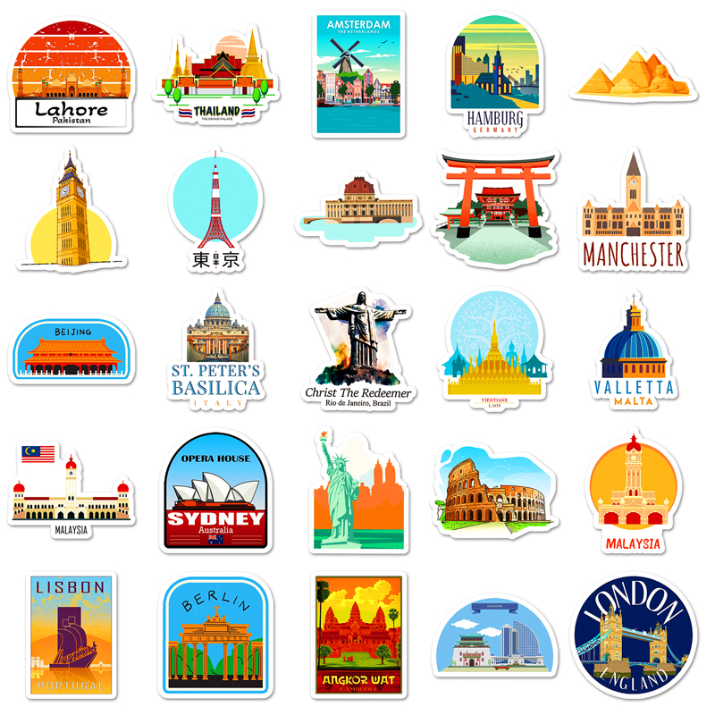 50pcs World Famous City Landmark Sticker Waterproof Decorative Laptop ...