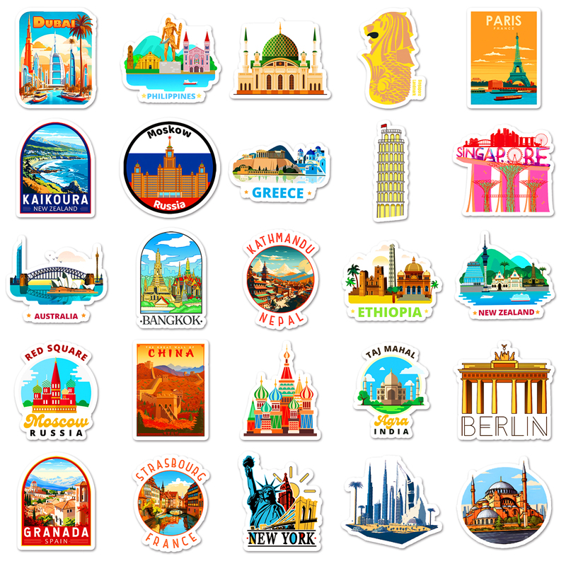 50pcs World Famous City Landmark Sticker Waterproof Decorative Laptop ...