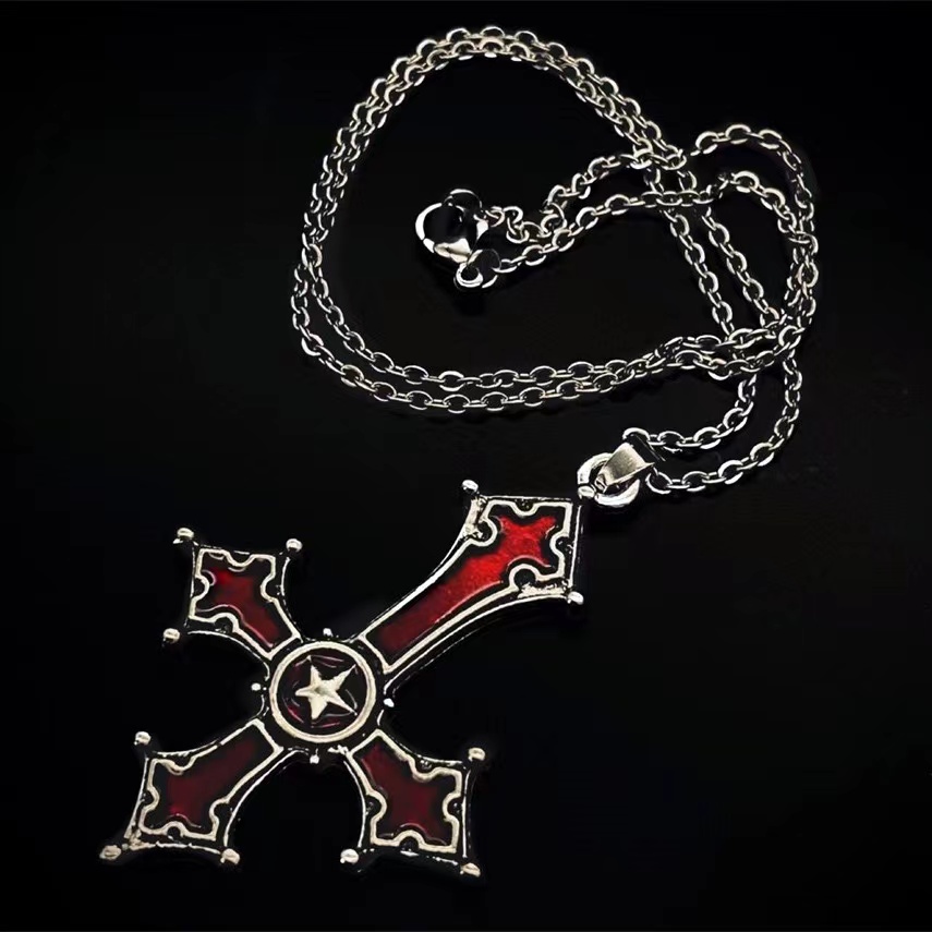 Red Black Gothic Punk Reverse Cross Pendant Vintage Statement Necklace ...