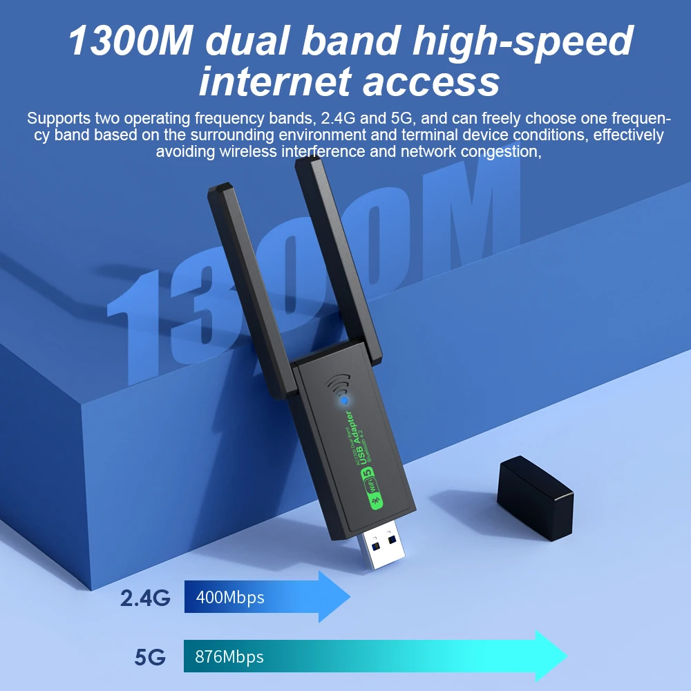 1300Mbps USB 3.0 Wireless Network Card 2.4GHz 5GHz Wi-Fi Adapter with ...