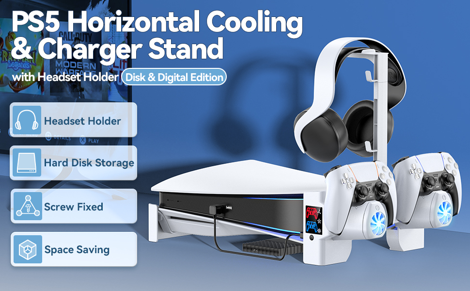 Horizontal Stand with 3Level Cooling Fans for PS5 Disc & Digital Version Console, PS5