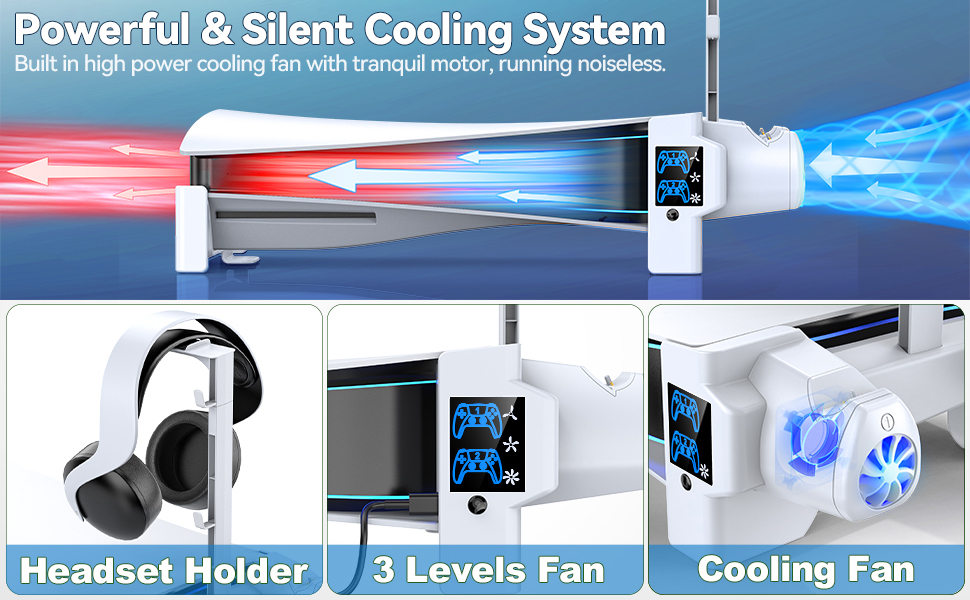 Horizontal Stand with 3Level Cooling Fans for PS5 Disc & Digital Version Console, PS5