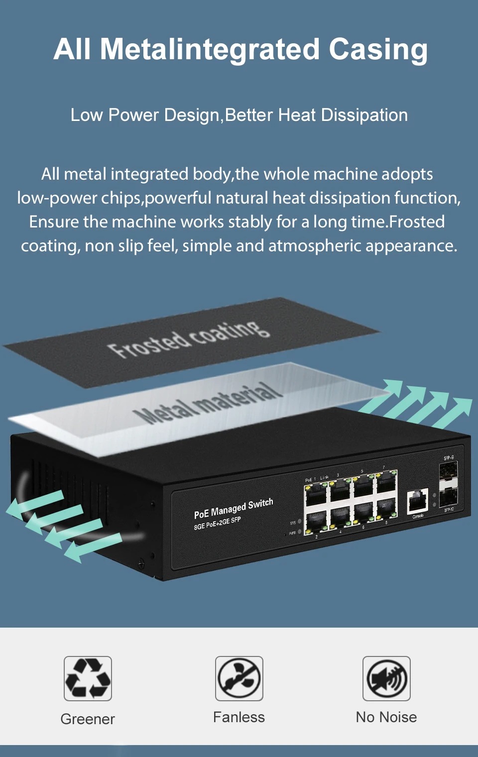 JT-COM POE Switch Gigabit 8+2 Ports 10/100/1000Mbps L2 Managed 48V POE ...