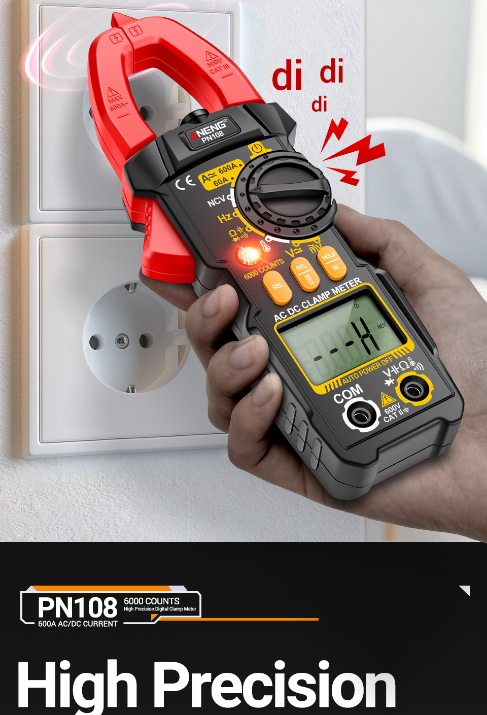 ANENG PN108 Digital Clamp Multimeter 600A Current Meter Tester AC/DC ...