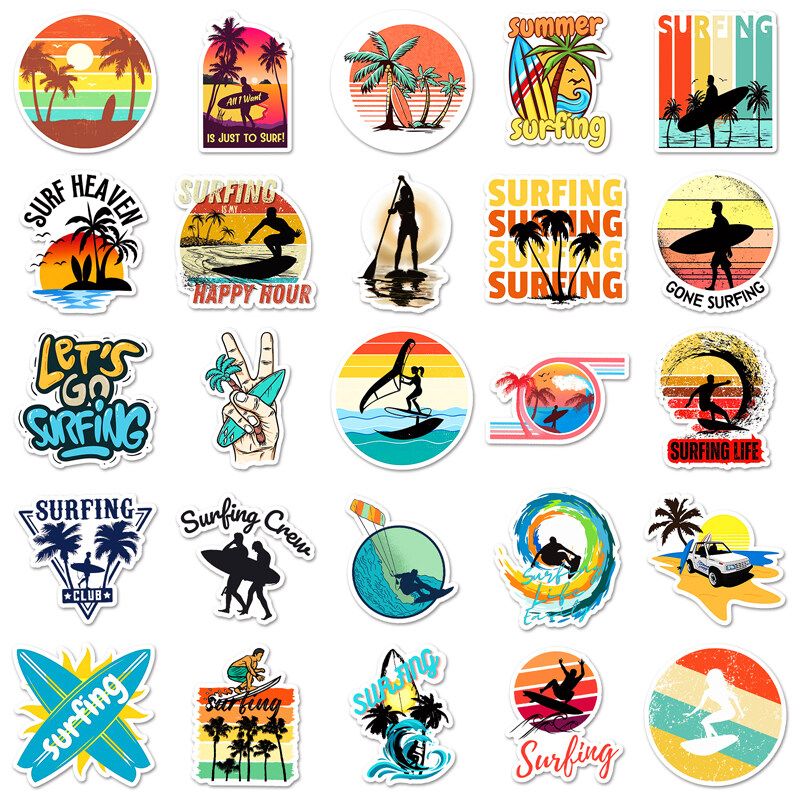 50PCS Summer Surfing Stickers Beach Surf Sticker Waterproof DIY ...