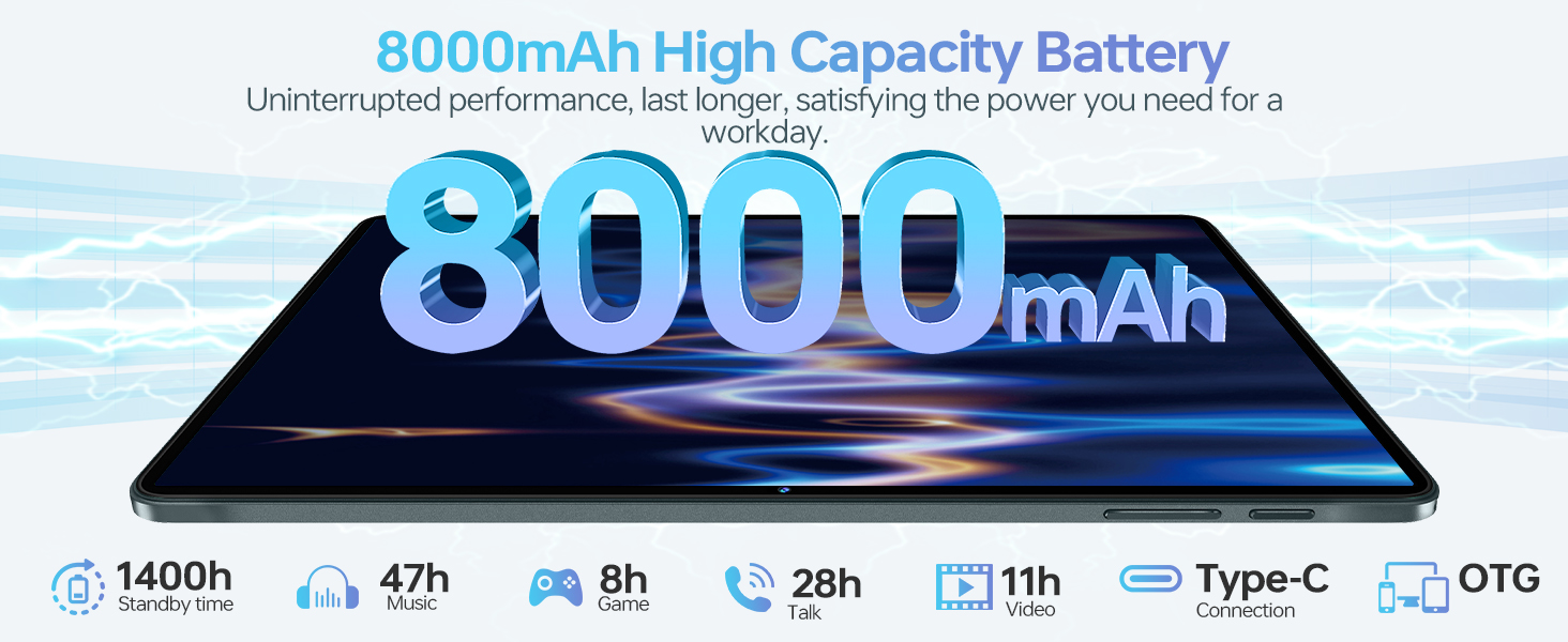 OUKITEL OT11: 11 Tablet, 8000mAh Battery, Android 14 Octa-core 16GB RAM + 128GB ROM TÜV SÜD Certified
