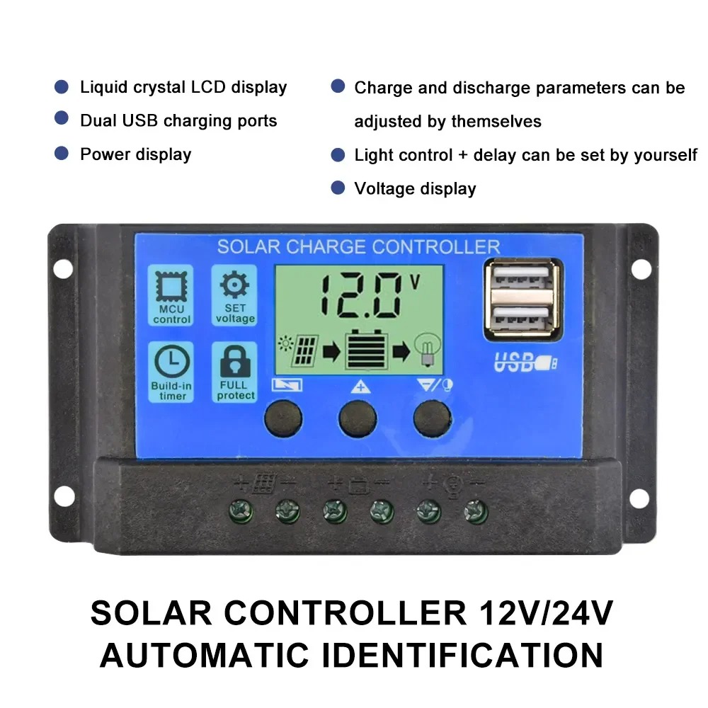 Solar Charge Controller 12V/24V PWM 10A 30A with Adjustable LCD Display ...