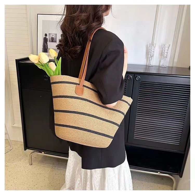 Women's Hand-Woven Straw Tote Bag - Large Rattan Shoulder Bag For Beach, Summer, And Travel (Brown, 40cm Wide) - View #2