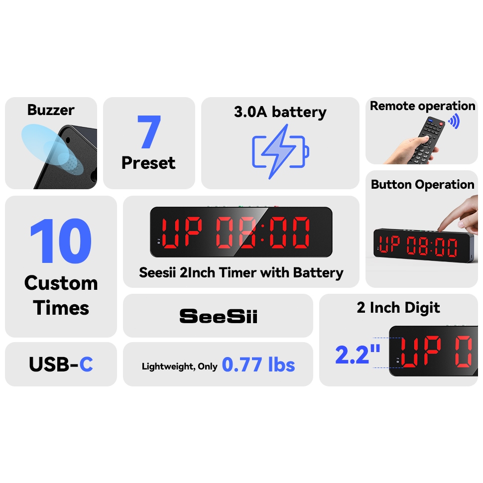 2 inch LED Gym Timer Rechargeable/AC 2" Interval Workout Outdoor Home ...