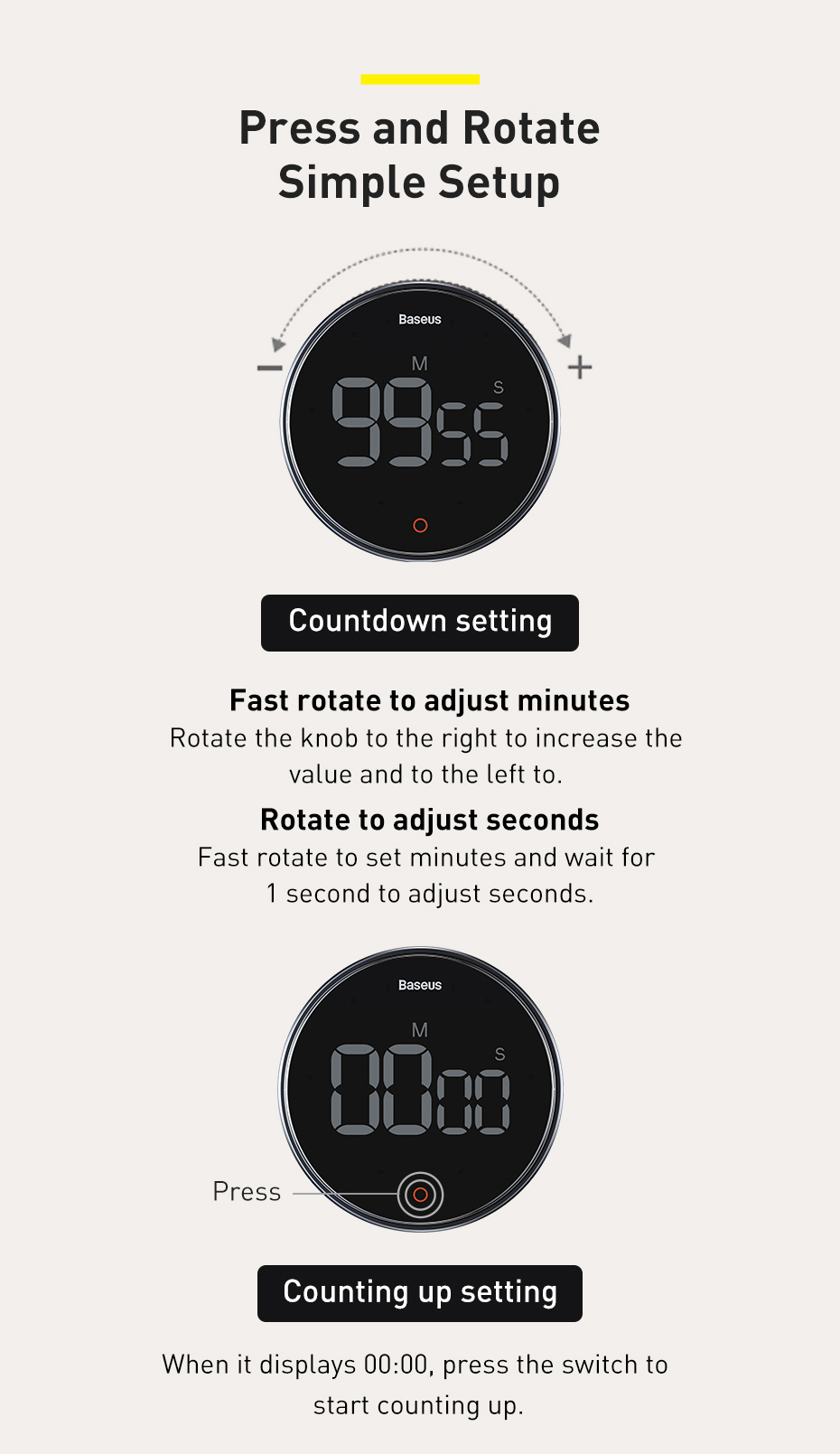 Baseus LED Digital Kitchen Timer Manual Countdown Kitchen Timer ...