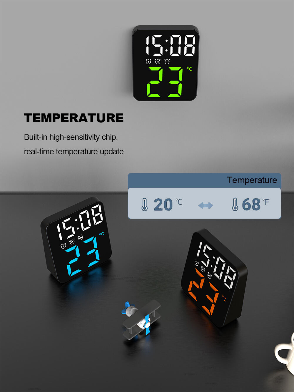Bedroom digital alarm clock, voice activated three alarm clock, 12/24 ...
