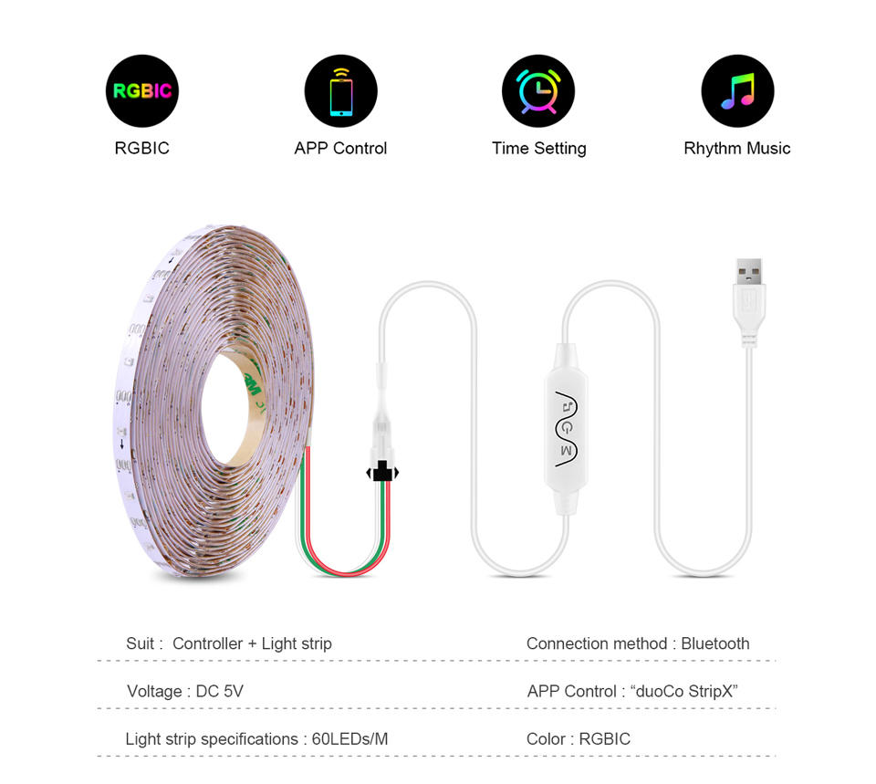 Bluetooth USB 5V LED Lights Neon Tape RGB IC WS2812 Smart Addressable ...