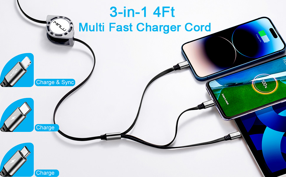 3 in 1 Multi Charging Cable 3A Retractable Charger Cord Micro USB Port ...