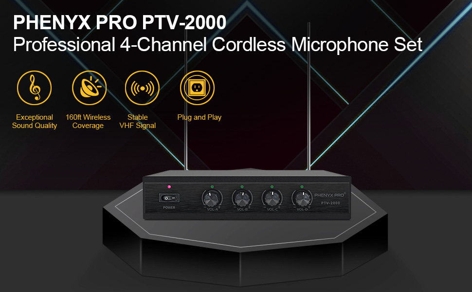 Phenyx Pro Wireless Microphone System 4Channel VHF W 2 Handhelds PTV2000B Phenyx Pro Wireless Microphone System 4Channel VHF W 2 Handhelds PTV2000B