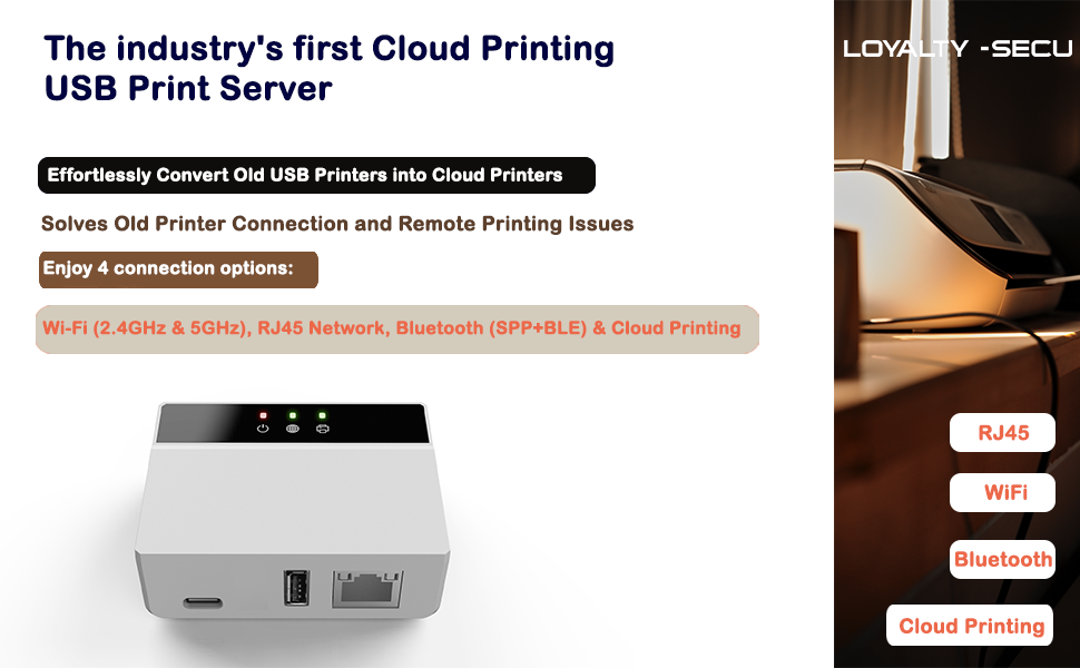 WiFi Bluetooth Cloud Print Server for USB Printers Supports Windows