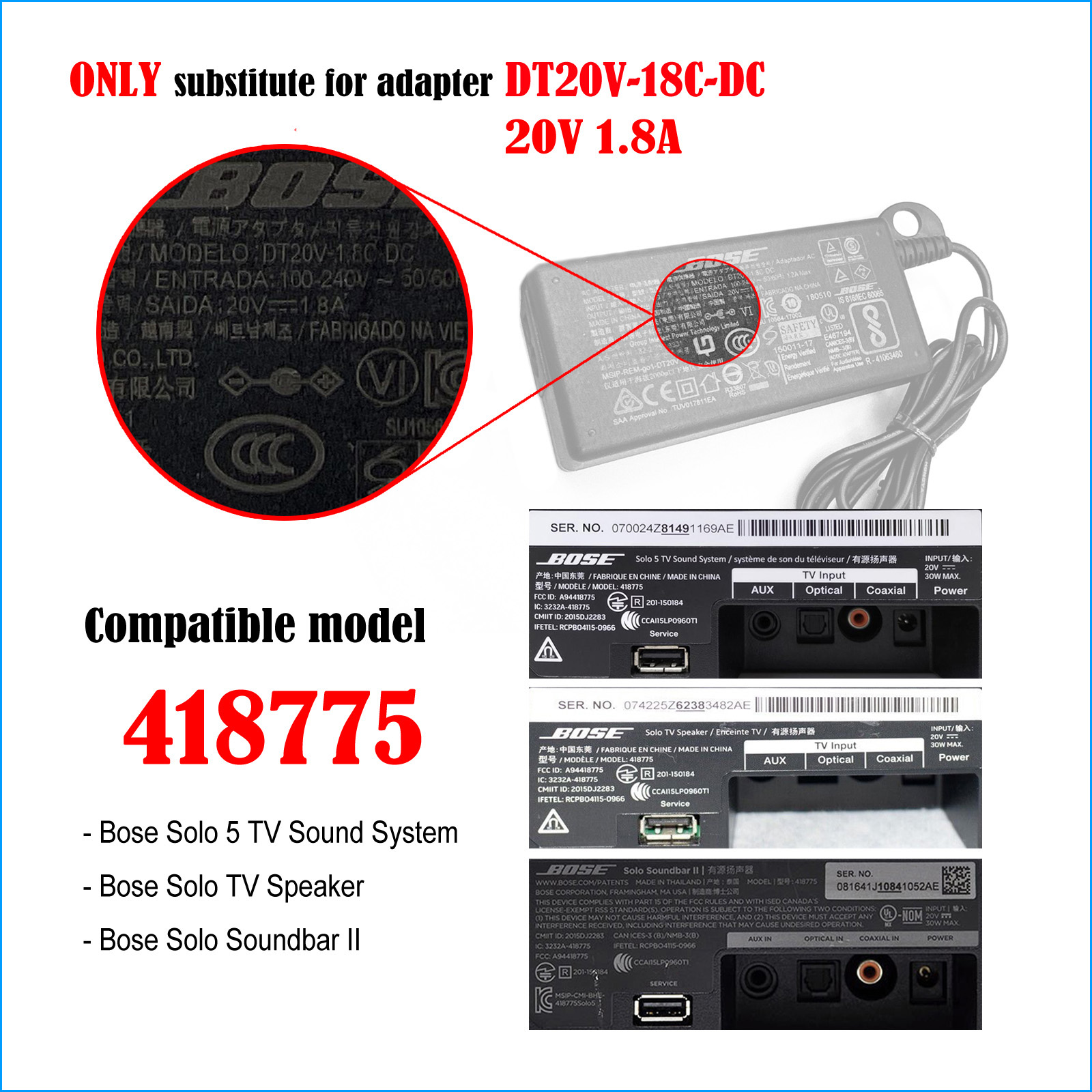 Alimentatore 24V 2A Per Bose Soundbar 500 - Adattatore Sostitutivo Compatibile Con Modelli 424096, DT24V-1.8C-DC