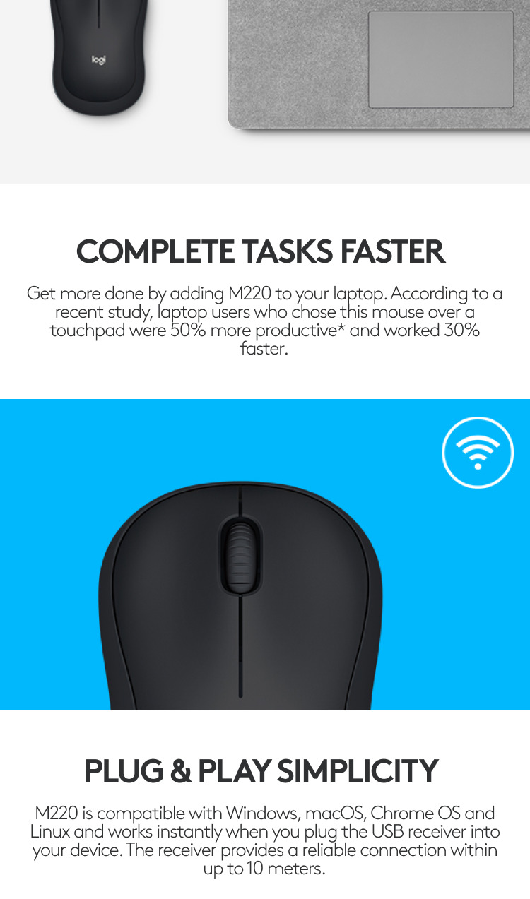 Logitech M220 SILENT Wireless Mouse, 2.4 GHz with USB Receiver, 1000