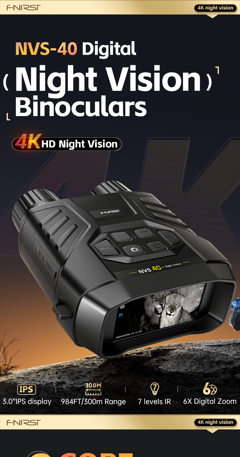 CARMOTTER NVS-20 Professionelle Nachtsichtbrille, 4K HD Foto & Video, 6X Zoom, 300m Dunkel Für Jagd, Angeln, Reisen
