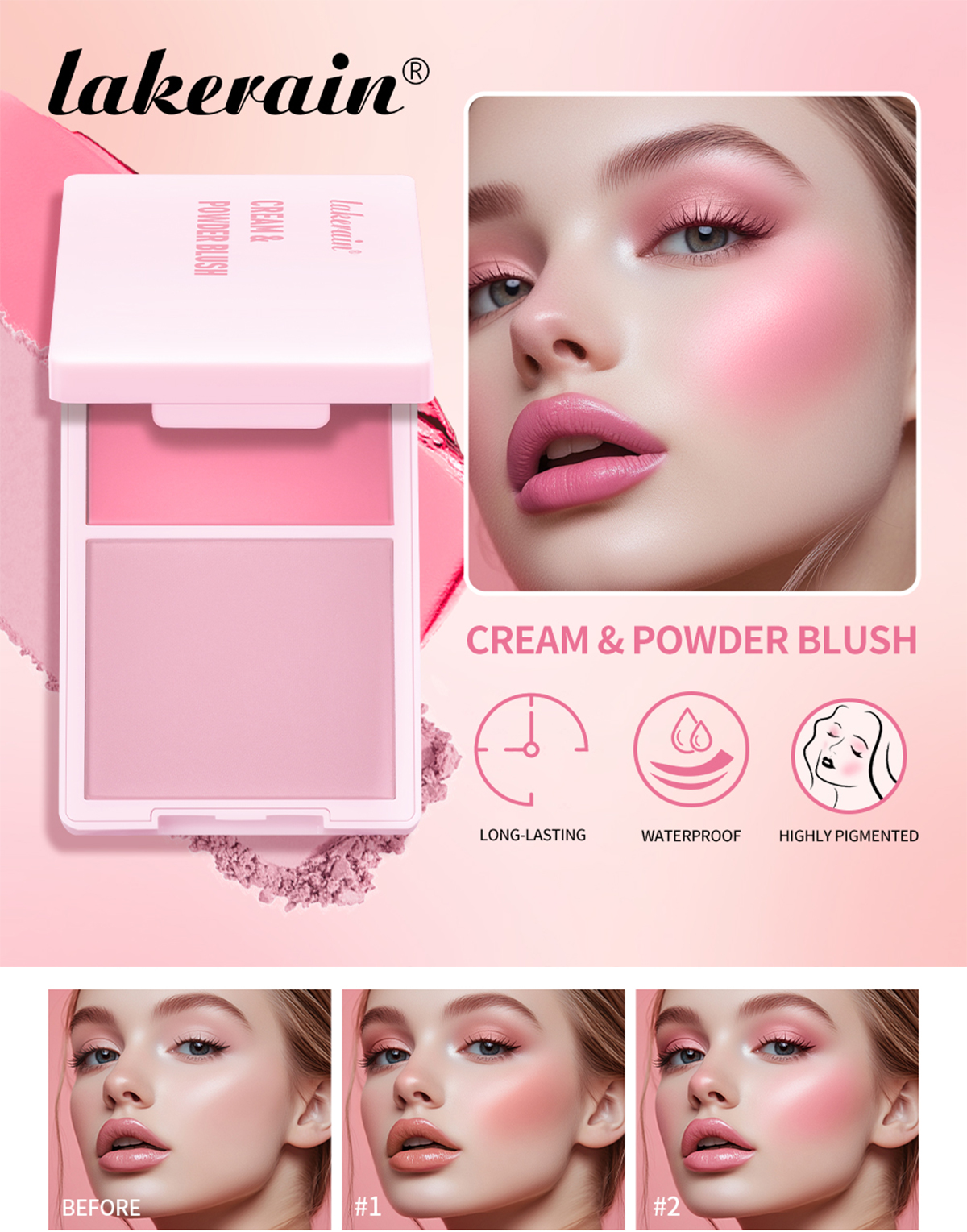 Lakerain 2-in-1 Cream & Powder Blush Palette - High Pigment, Blendable ...