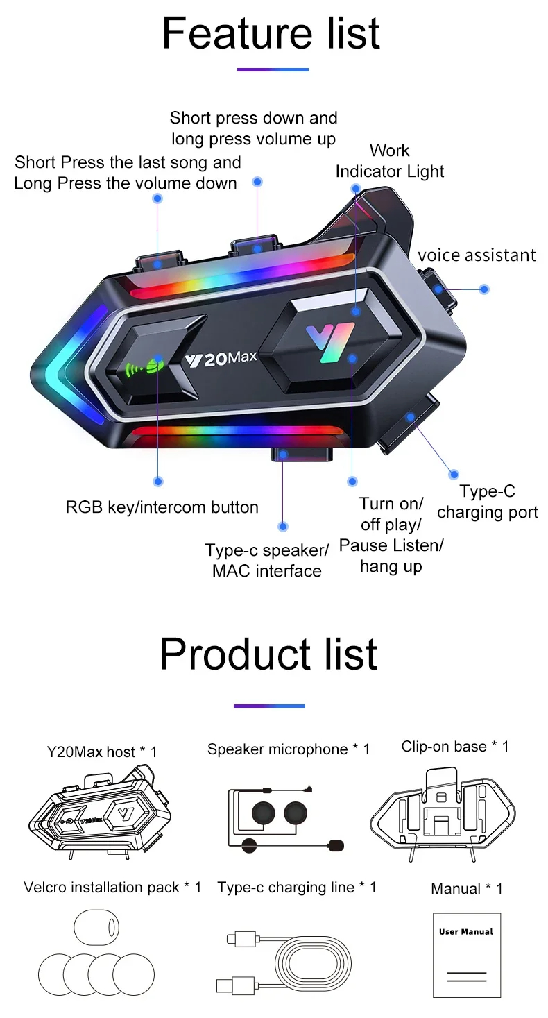 Local Seller) Y20 MAX Helmet Intercom Wireless Bluetooth